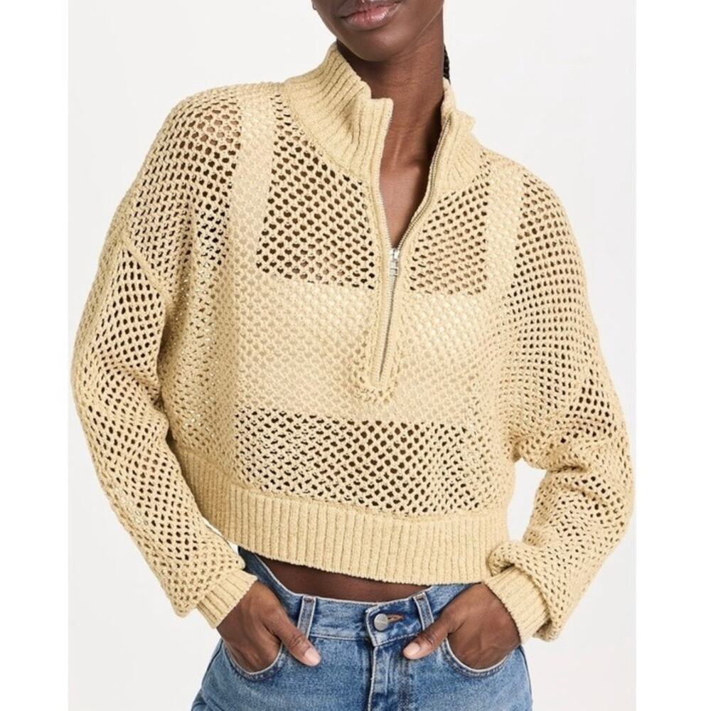 STAUD Open Mesh Long Sleeve Knit Yellow 1/2 Zip Sweater Large Cropped Pullover